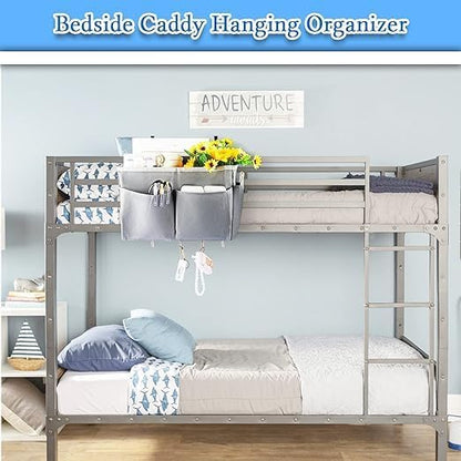 Frjjthchy Bedside Storage Organizer 5 Pockets with 4 Hooks Hanging Storage Bag for Headboards/Bunk Bed (2Pack Grey)