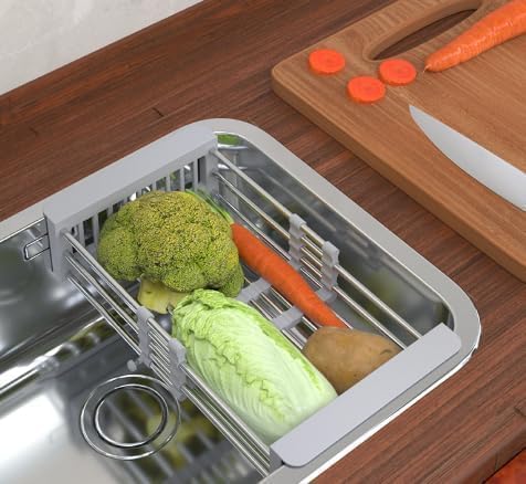Extend Kitchen Sink Drain Basket, Adjustable & Expandable Stainless Steel Dish Drainers for Kitchen Counter, Portable & Telescopic Space-Saving Solution for Fruit Vegetable