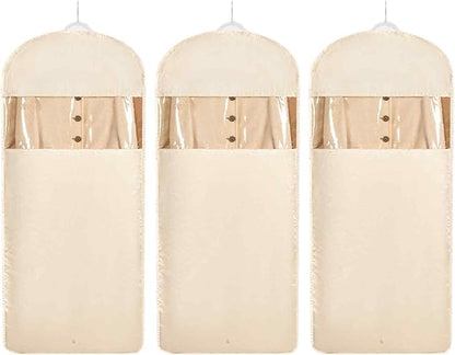 Space Saving Hanging Garment Bag with Self Compression Zipper，Dust Cover Clothes Bags for Down Coat,Dress,Suit，Closet Storage Organizer for Home Travel Use(Beige, XL)