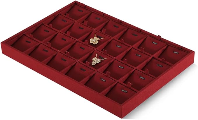 Dansmiy Linen Stackable Necklace Storage Tray, 24 Grid Pendant Display Tray, Jewellery Shop Counter Showcase Table Top Organizers, Makeup Table Drawer Insert Jewelry Tray