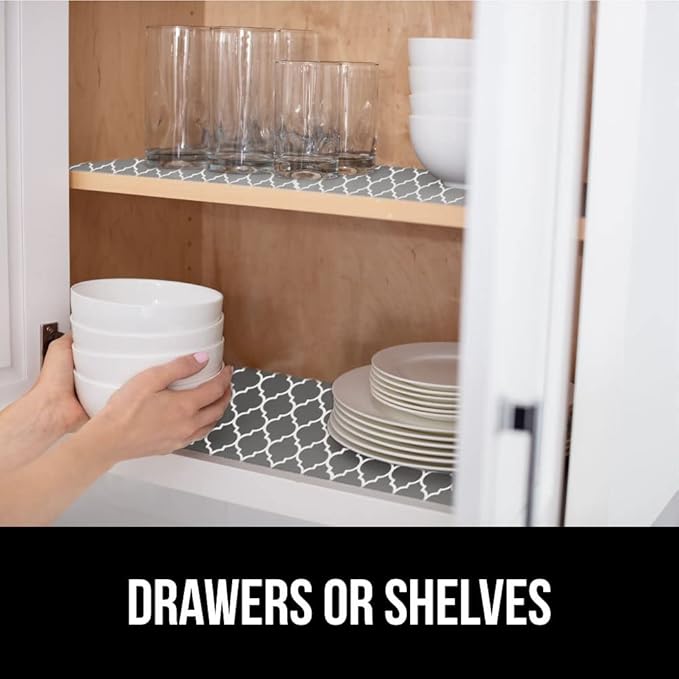 GORILLA GRIP DripGuard Shelf Liner, Non Adhesive Drawer and Kitchen Cabinet Protector, Slip Resistant BPA Free Smooth Surface Plastic Liners for Cabinets, Bathrooms, Closets, 12x240 Inch, White Gray