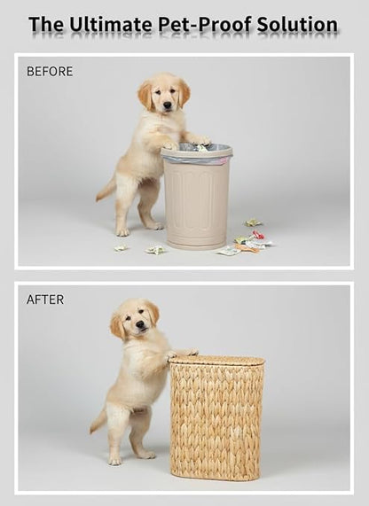 3 Gallon Wicker Trash Can with Lid and Liner,Small Bathroom Trash Cans,Woven Rattan Narrow Waste Basket for Bedroom,Home Office,Natural Water Hyacinth