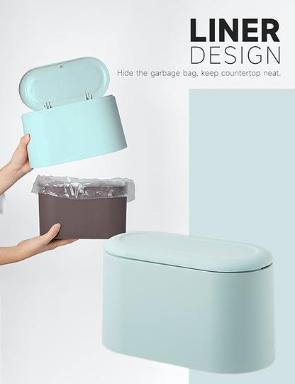 Mini Trash Can with Lid Removable Small Garbage Can, Tiny Plastic Trash Bin, Pop Up Countertop Wastebasket, Counter Garbage Lint Bin (Light Blue)