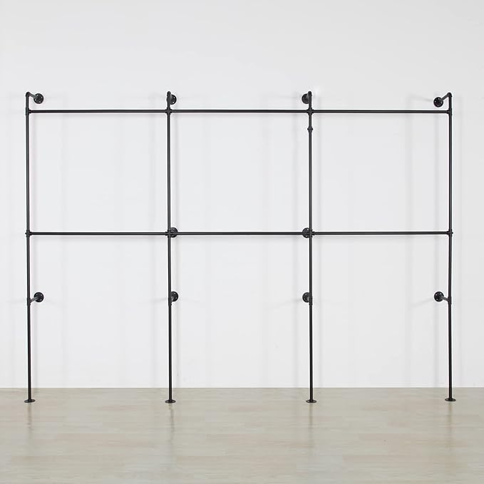 Modern Simple Industrial Pipe Clothing Rack, Display Stand Wall Mounted Clothes Garment Rack Heavy Duty Hanging Clothes Rods Bar for Closet Storage, 134in Black