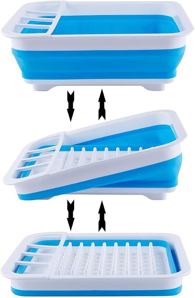 Collapsible Dish Rack Foldable Dish Drying Rack Portable Dish Drainer Dinnerware Organizer Rack Folding Tableware Storage Rack Cutlery Rack for Kitchen Counter RV Camper Accessories (Blue)