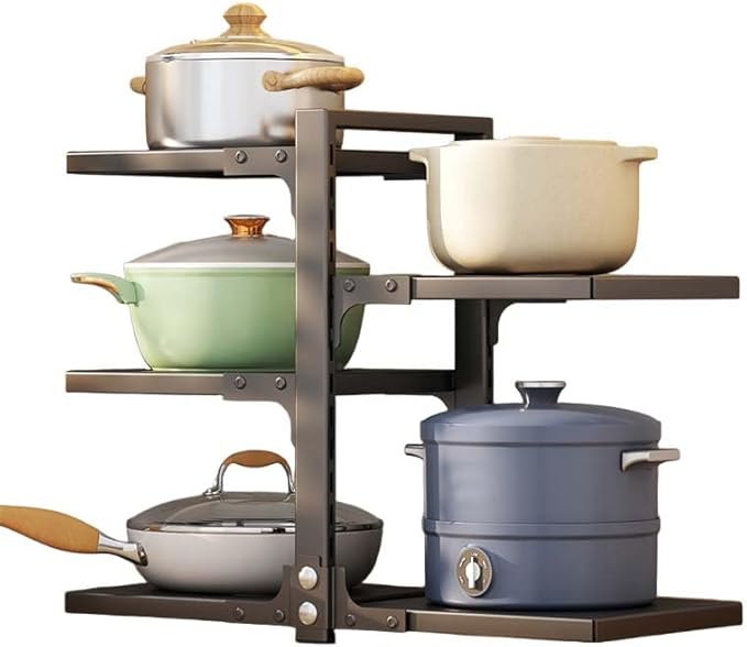 Mnftive adjustable Pot and Pan Organizer for Cabinets - Heavy Duty No Drill Storage Rack, Fits 20 Inch Deep Shelves, Space Saving Under Shelf Design (each layer Max Load 15lbs)