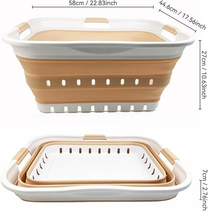 SAMMART 42L (11 gallon) Collapsible Plastic Laundry Basket - Foldable Pop Up Storage Container/Organizer - Portable Washing Tub - Space Saving Hamper/Basket (White/Latte)