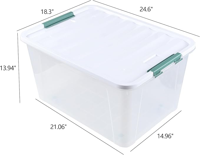Loiycg 85 Quart Plastic Storage Bins with Wheels, Large Clear Latching Storage Box, 4 Pack