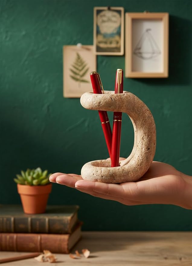 Marble Pen Holder for Desk 4 Inch Travertine Pencil Holder for Desk Accessories & Workspace Organizers - Stone Stationary Holders for Office Decor - Pen Organizer for Gifts