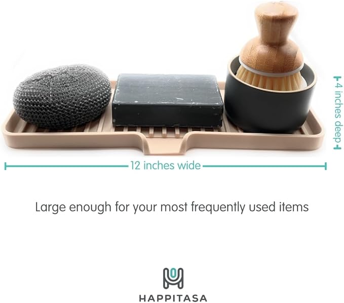 Happitasa Silicone Soap Dish Tray and Sponge Holder with Drain Chute | Bathroom and Kitchen Sink Organizer Caddy (Mocha, 12"x4", 7.4 Ounces)