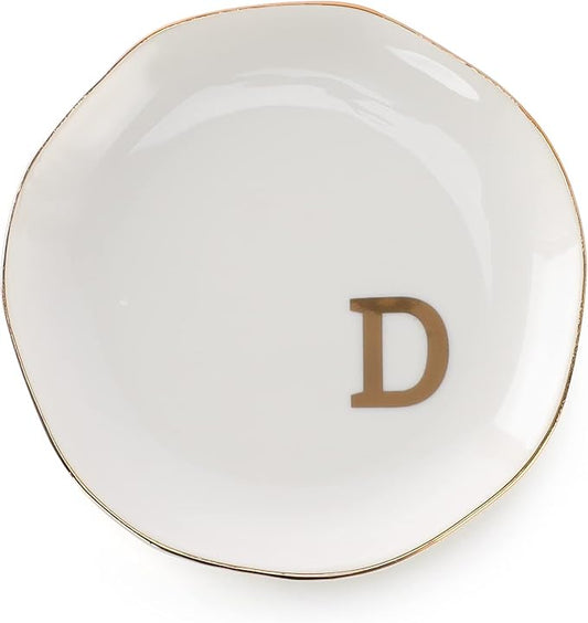 VINCOMIC Initials Ring Dish Jewery Tray with Personalized D-Monogrammed Gifts Wedding Engagement for Women Friends sister,Ceramic White