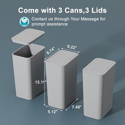 3 Pack 10 Liter / 2.6 Gallon Bathroom Trash Can, Small Trash Can with Lid, Garbage Can Waste Basket for Bathroom, Kitchen, Bedroom, Powder Room, Craft Room, Office, College (Gray)