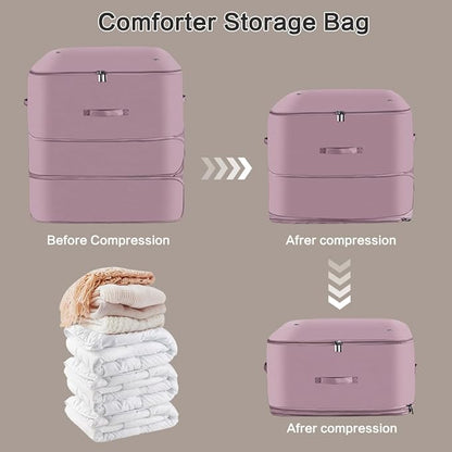 Space Saving Self Compression Organizer,Compression Storage Bags for Bedding and travel,Storage bags for Blankets Duvet Quilts Pillows, Comforter Storage with zippered ventilation holes（pink XL）