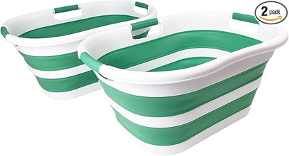 SAMMART 40L (10.5 gallon) Set of 2 Collapsible Plastic Laundry Hamper - Foldable Pop Up Storage Container/Organizer - Portable Washing Tub - Space Saving Basket (2, White/Winter Green)