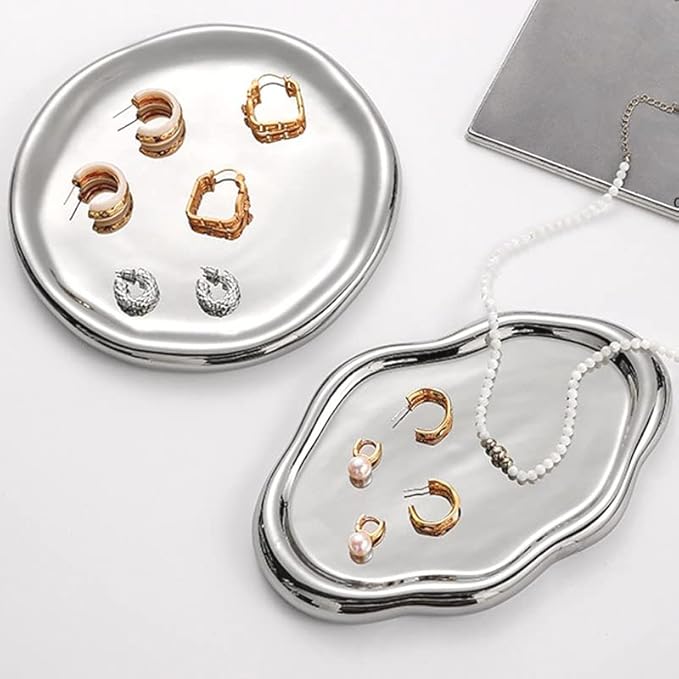 CESTATIVO Jewelry Dish Tray, Ring Dish, Ceramic Trinket Small Key Mother's Day, Christmas, Thanksgiving, Birthday Gift for Mother Daughter Friends Silver