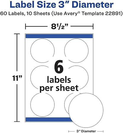 Avery Glossy White Labels, Sure Feed Technology, 3" Round Labels, Print-to-The-Edge, Laser/Inkjet, 60 Total (22891)