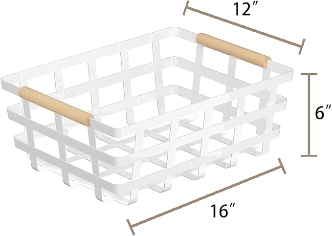 Farmhouse Baskets Pantry Storage Baskets, 2 Packs Metal Wire Food Organizer Storage Bin Basket Wood Handles for Kitchen Cabinets Shelf Pantry,White
