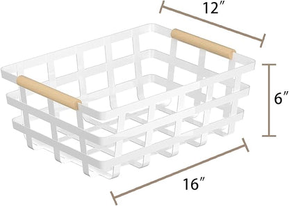 Farmhouse Baskets Pantry Storage Baskets, 2 Packs Metal Wire Food Organizer Storage Bin Basket Wood Handles for Kitchen Cabinets Shelf Pantry,White