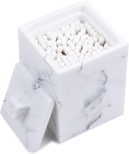 Jung Ford Qtip Holder for Bathroom with Lid – Square Cotton Swab Organizer, Cotton Ball Dispenser, Makeup Pad Container – Marble Look Resin Vanity Storage (White)