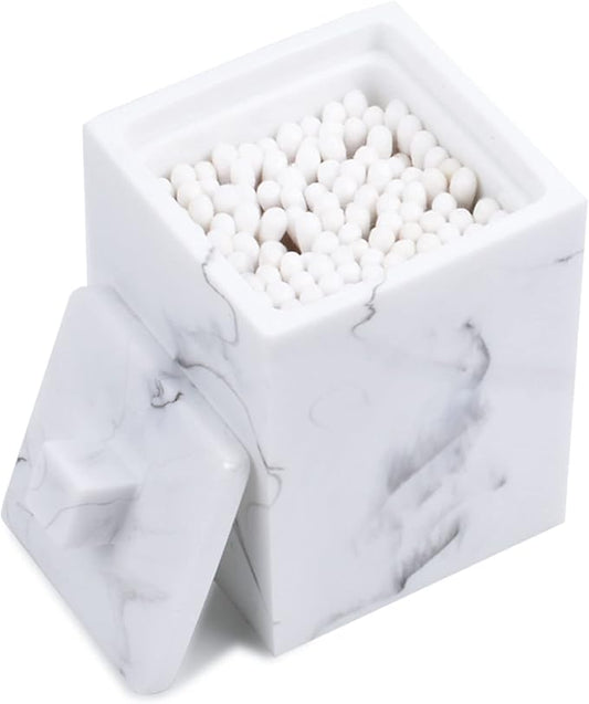 Jung Ford Qtip Holder for Bathroom with Lid – Square Cotton Swab Organizer, Cotton Ball Dispenser, Makeup Pad Container – Marble Look Resin Vanity Storage (White)