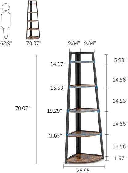 Tribesigns 70 inch Tall Corner Shelf, 5 Tier Rustic Corner Bookshelf Bookcase Industrial Corner Ladder Shelf Plant Stand for Living Room, Kitchen, Home Office (Brown)