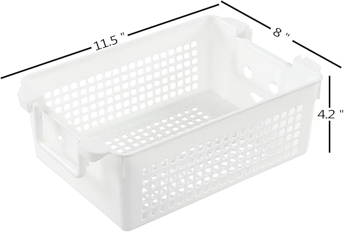Saedy 4 Packs Plastic Baskets with Handle, Stackable Basket Organizer Bin, White