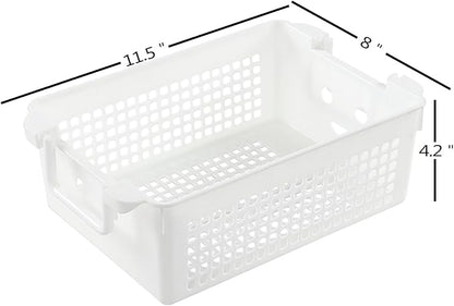 Saedy 4 Packs Plastic Baskets with Handle, Stackable Basket Organizer Bin, White