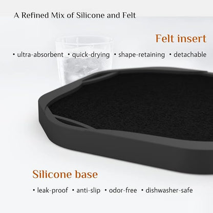 UMIRRO Absorbent Coasters for Drinks with Holder, Black Silicone Cup Coaster with Felt Insert for Coffee Table Decor, Small Unique Birthday Gift Ideas for Men, Dad, Him, Women Mom, Her, 4", Set of 6