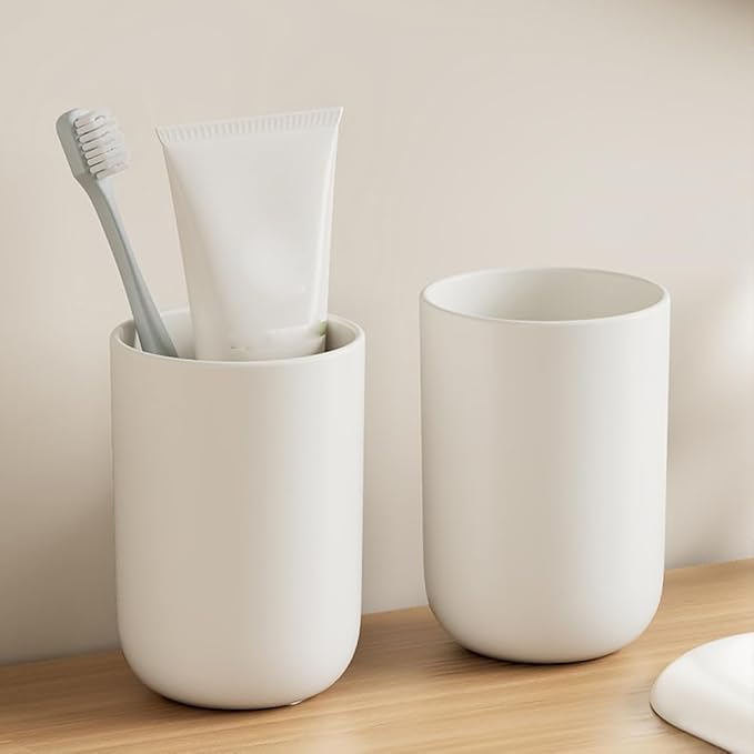 Khanjuan Round-Bottomed, Non-Slip Toothbrush Cup, Minimalist Bathroom Cup, Thickened Reusable Toothbrush Holder (White&White)