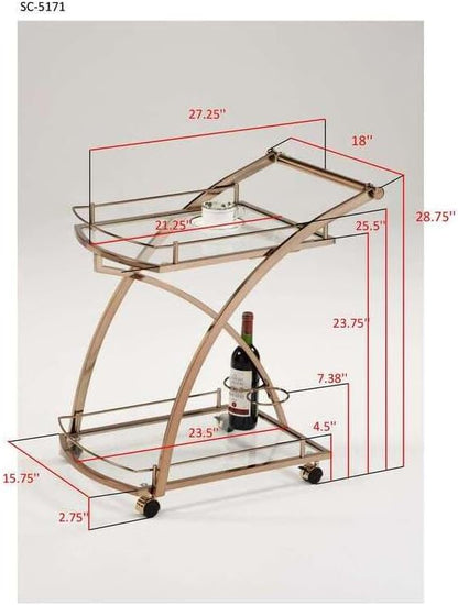 Gold Serving Cart with Wheels and Built in Wine Holders Contemporary Bar and Entertaining Table for Home Use 27" x 18" x 29"