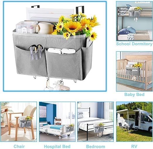 Frjjthchy Bedside Storage Organizer 5 Pockets with 4 Hooks Hanging Storage Bag for Headboards/Bunk Bed (2Pack Grey)
