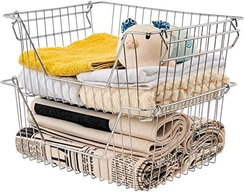 Stackable Wire Metal Baskets Sturdy Cabinet Organizer Wire Pantry Freezer Bin with Handle for Home Bathroom Kitchen Fruit Vegetable Organization, Chrome, 3Packs