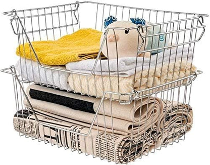 Stackable Wire Metal Baskets Sturdy Cabinet Organizer Wire Pantry Freezer Bin with Handle for Home Bathroom Kitchen Fruit Vegetable Organization, Chrome, 3Packs