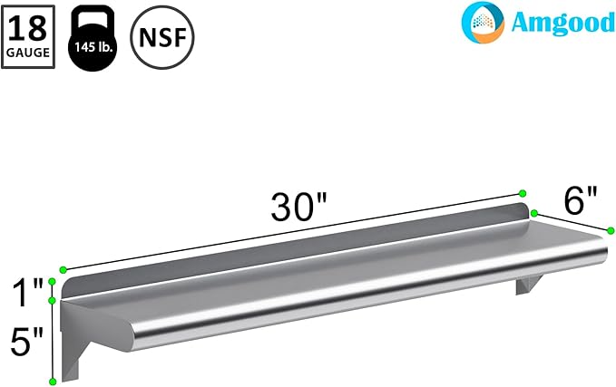 AmGood 6" X 30" Stainless Steel Wall Shelf | Metal Shelving | Garage, Laundry, Storage, Utility Room | Restaurant, Commercial Kitchen | NSF