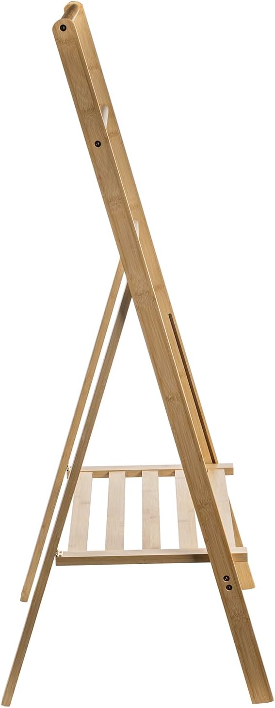 MyGift 3 Tier Free Standing Towel Rack, Foldable Blanket Ladder with Storage Shelf, 43" H Bath Towel Holder Organizer Drying Rack, Light Brown Solid Bamboo Quilt Rack