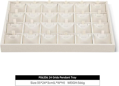 Dansmiy Linen Stackable Necklace Storage Tray, 24 Grid Pendant Display Tray, Jewellery Shop Counter Showcase Table Top Organizers, Makeup Table Drawer Insert Jewelry Tray