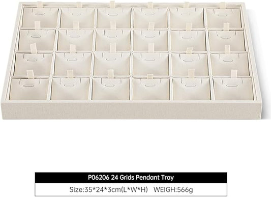 Dansmiy Linen Stackable Necklace Storage Tray, 24 Grid Pendant Display Tray, Jewellery Shop Counter Showcase Table Top Organizers, Makeup Table Drawer Insert Jewelry Tray