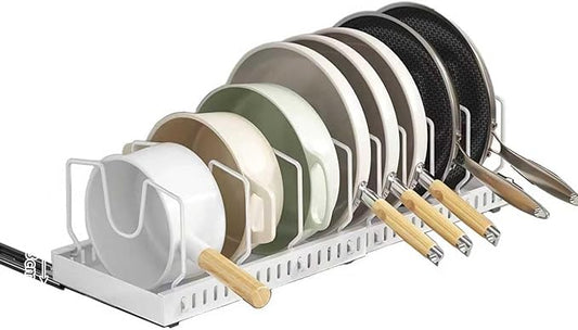 Mnftive pots and pans organizer under cabinet,pot lid organizers inside cabinet holders for kitchen,Horizontal and vertical pulling modes,Can be extended and adjusted (White horizontal pull-out)