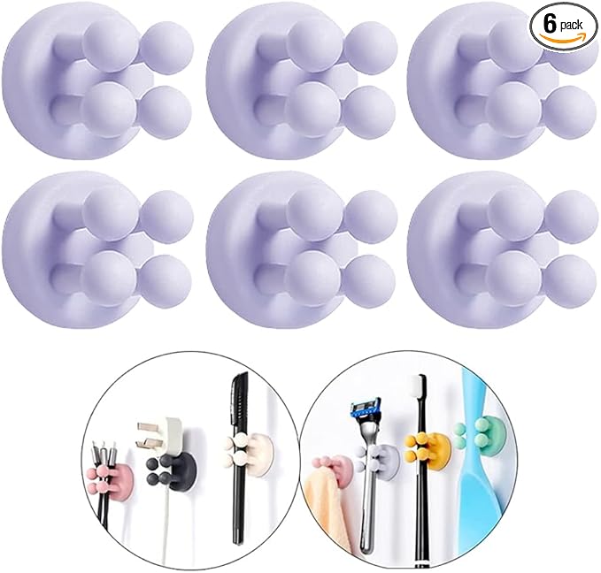 Defrko Silicone Toothbrush Holders - 6Pcs Razor Hooks Adhesive Wall Mounted for Hanging Towel Key Plug Cable, Utility Decor Stick to Dorm Room Door Function for Kitchen Bathroom Home Office