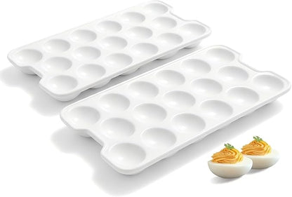 ONEMORE Ceramic Deviled Egg Platter Set of 2, Christmas Deviled Egg Tray, 17 Holes Eggs Holder for Fridge, Rectangle Appetizer Serving Dishes for Parties & Entertaining, Serving Plate for Boiled Eggs