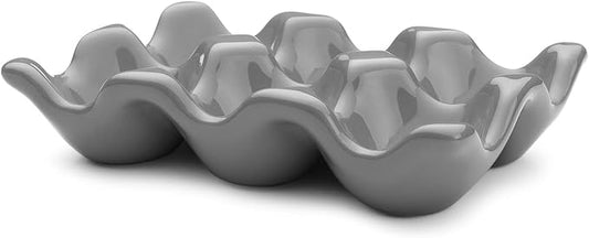Flexzion Ceramic Egg Holder for Fridge - 6 Cups Egg Tray Half Dozen Porcelain Container Keeper Storage Organizer Decorative Serving Dish Serveware for Refrigerator Countertop Display Kitchen (Gray)