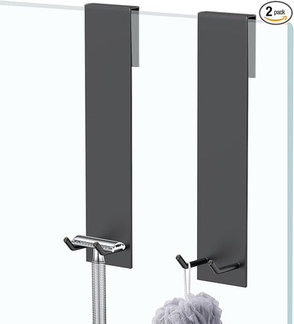 KITHOLD Shower Door Hook, Extended Length Frameless Shower Door Hook (7 Inches), Heavy-Duty Bathrobe Towel Stainless Steel Hook, No Drilling or Adhesive Required, 2-Pack, Black