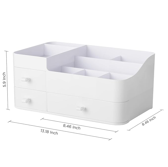 HBlife Makeup Organizer & Skincare Storage - Large Cosmetic Organizer with 3 Drawers, 8 Compartments Vanity Storage Box for Bathroom Counter, White