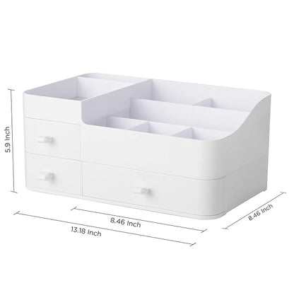 HBlife Makeup Organizer & Skincare Storage - Large Cosmetic Organizer with 3 Drawers, 8 Compartments Vanity Storage Box for Bathroom Counter, White