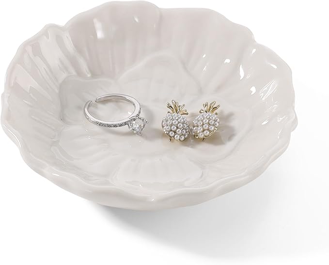 YZMICSTAR Flower Ring Dish Holder,Jewelry Dish Tray,Small Trinket Tray,Jewelry Plate Bowl,Key Bowl,Decorative Plate,Birtdhay Christmas Gifts for Women Friends,Ceramic White