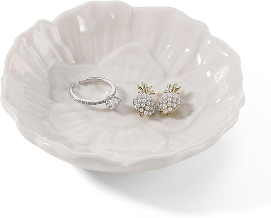 YZMICSTAR Flower Ring Dish Holder,Jewelry Dish Tray,Small Trinket Tray,Jewelry Plate Bowl,Key Bowl,Decorative Plate,Birtdhay Christmas Gifts for Women Friends,Ceramic White