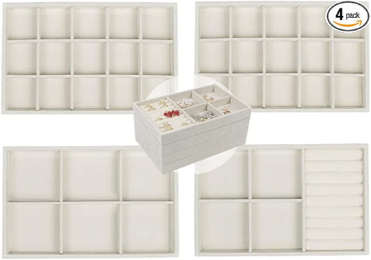 Set of 4 Stackable Jewelry Trays Organizer, Velvet Earring Organizer, Jewelry Organizer Showcase Display Drawer Organizer Storage, Earring Holder Necklace Bracelet Ring Accessary Organizers (Beige)