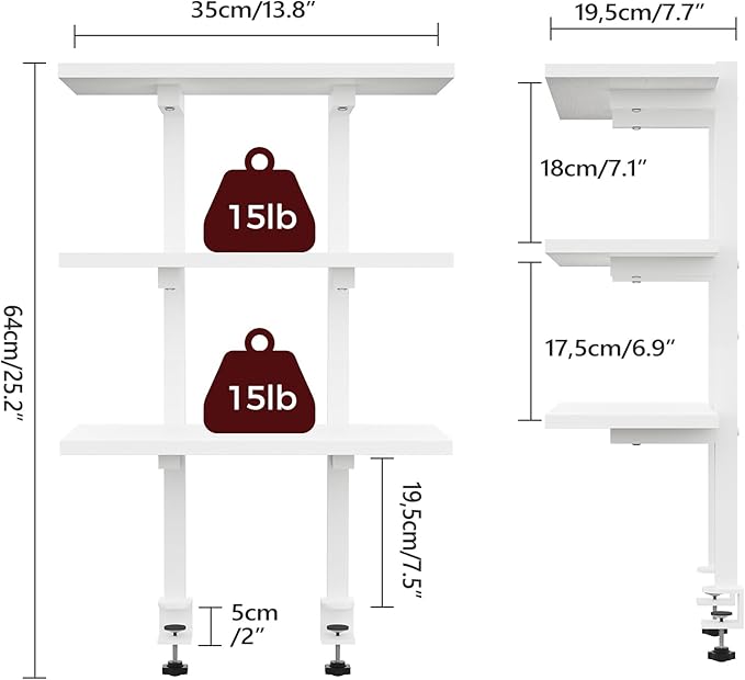 Clamp On Desk Organizer, 3-Tier Desktop Bookshelf, Adjustable Desk Storage Shelf, Metal Frame, for Office, Study and Game Room, White DSWT3601