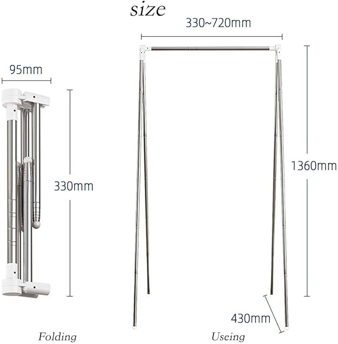 Portable Travel Garment Rack, Collapsible Clothes Rack, White, Stainless Steel, 16"D x 35"W x 53"H, 8.8 Pounds, Foldable, Portable, Collapsible