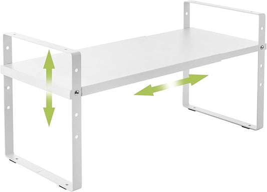Expandable Cabinet Shelf Organizer Rack, Stackable Kitchen Counter Storage Shelves Stand, Adjustable Height Pantry Shelf Spice Rack (White, 1 Pack)
